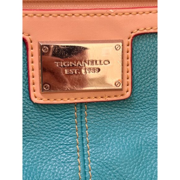 Tignanello Turquoise & Beige Pebbled Leather Convertible Bag w Front Pocket Adj - Picture 5 of 13